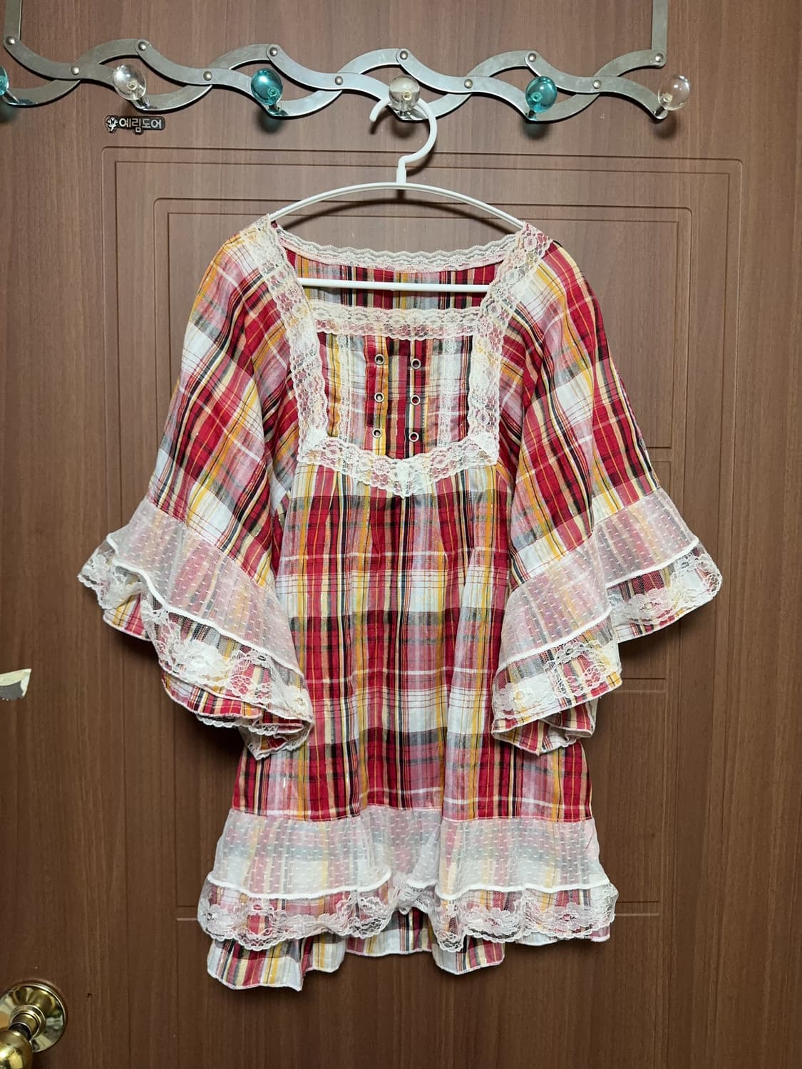 모리걸 하구미 일본 빈티지 천사깔 오렌지 사과 체크 레이스 판쵸 블라우스 상품이미지1