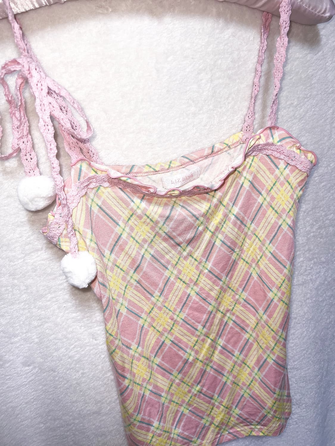 리즈리사 체크 프릴레이스 폼폼 슬리브리스 나시 히메갸루 라떼 핀터 팝걀 상품이미지8