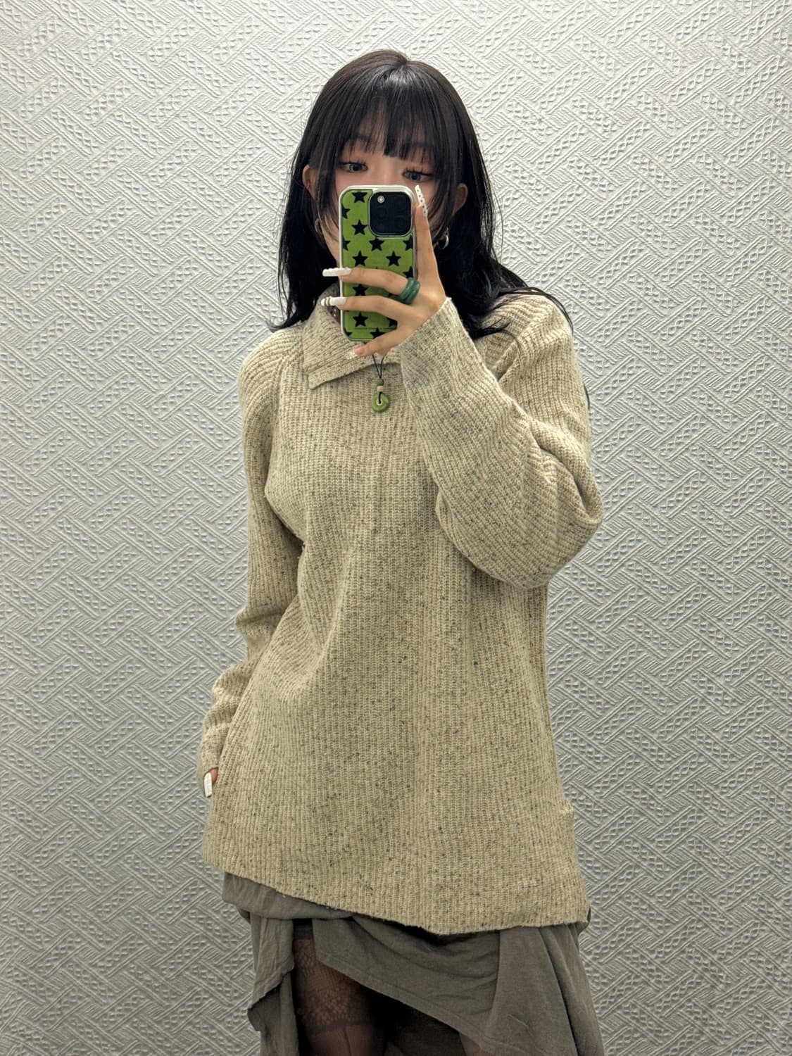 빈티지 걸코어 코지 여리 아방핏 카라 오트밀 롱 니트 K0072 상품이미지1