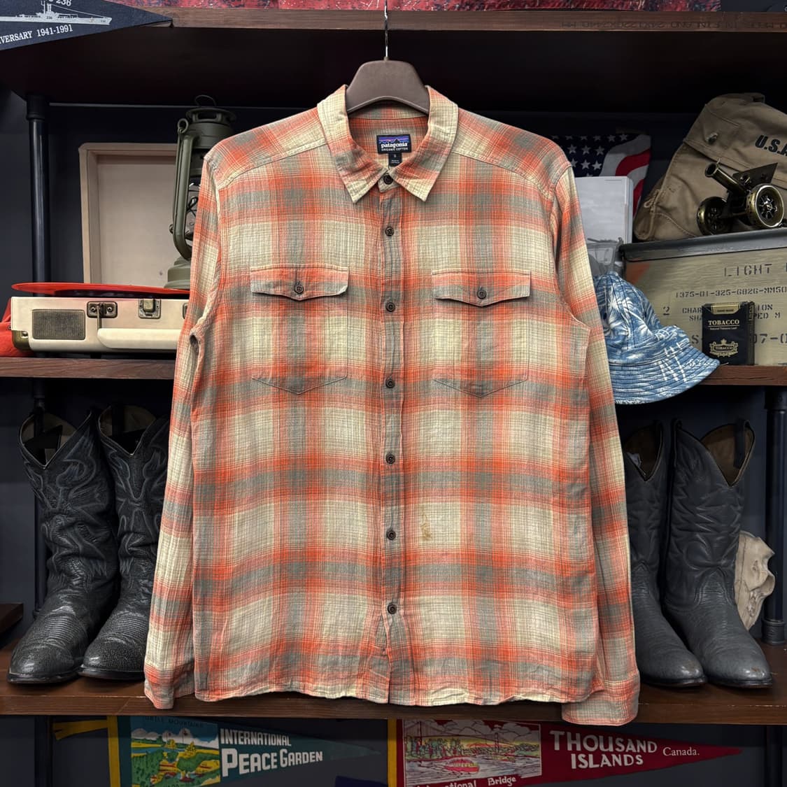 파타고니아 오가닉코튼 오렌지 옴브레 체크 린넨 워크셔츠 N745 상품이미지1