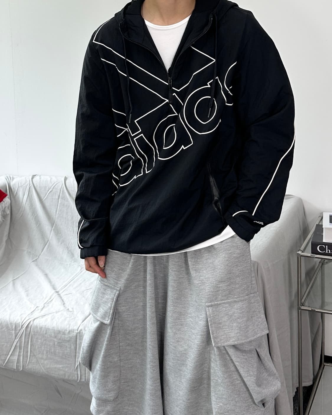 아디다스 빅로고 나일론 반집업 후드 바람막이 XL 상품이미지2
