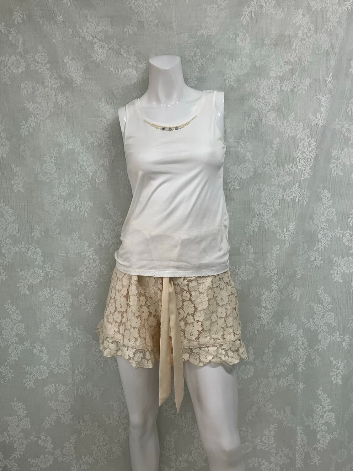 빈티지 화이트 진주 큐빅 레이스 나시 1102 모리걸 y2k 스트릿 갸루 상품이미지2