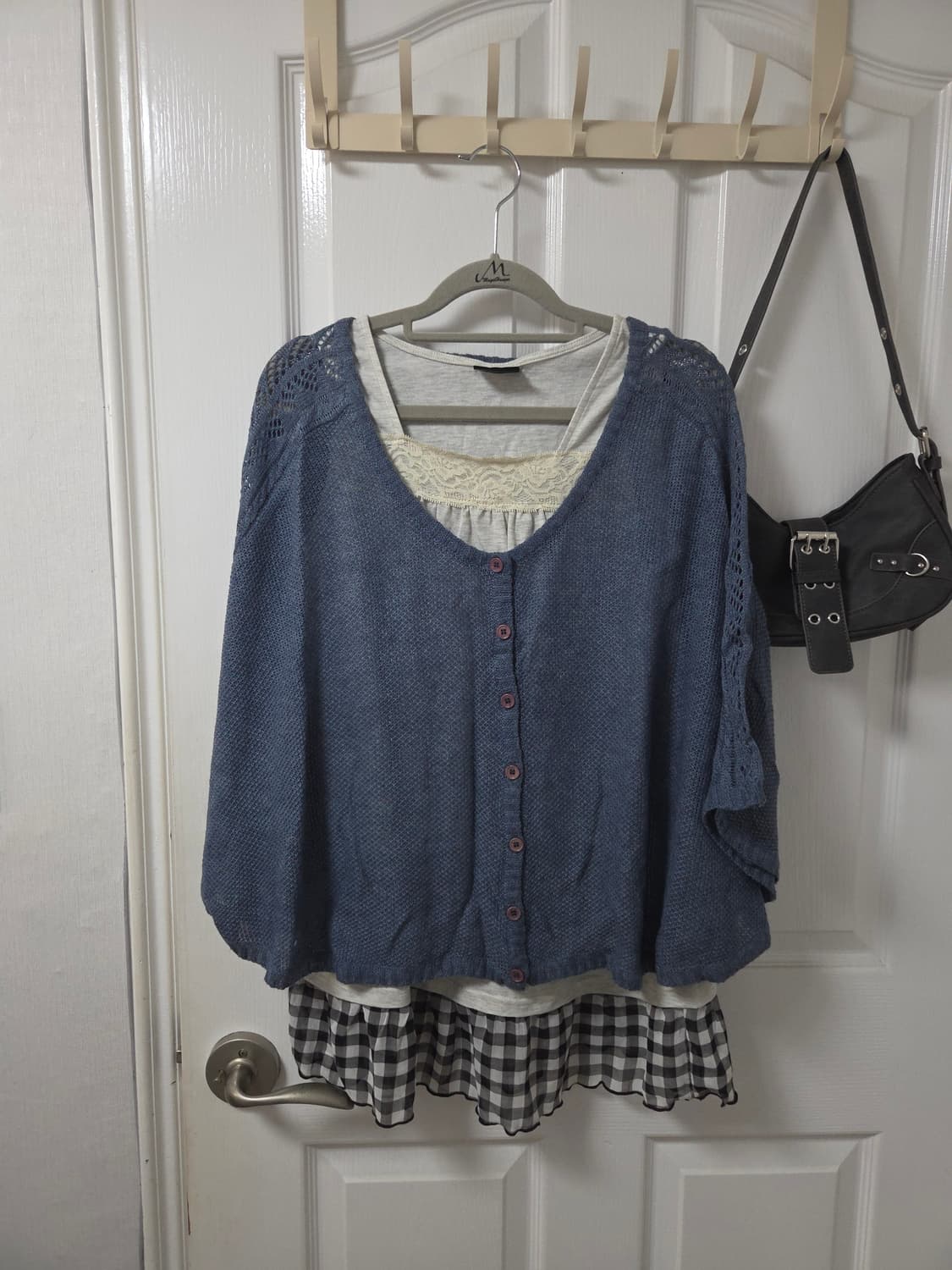 빈티지 블루 모리 상의 코디 세트 (2벌) (케이프, 체크 나시) 상품이미지1