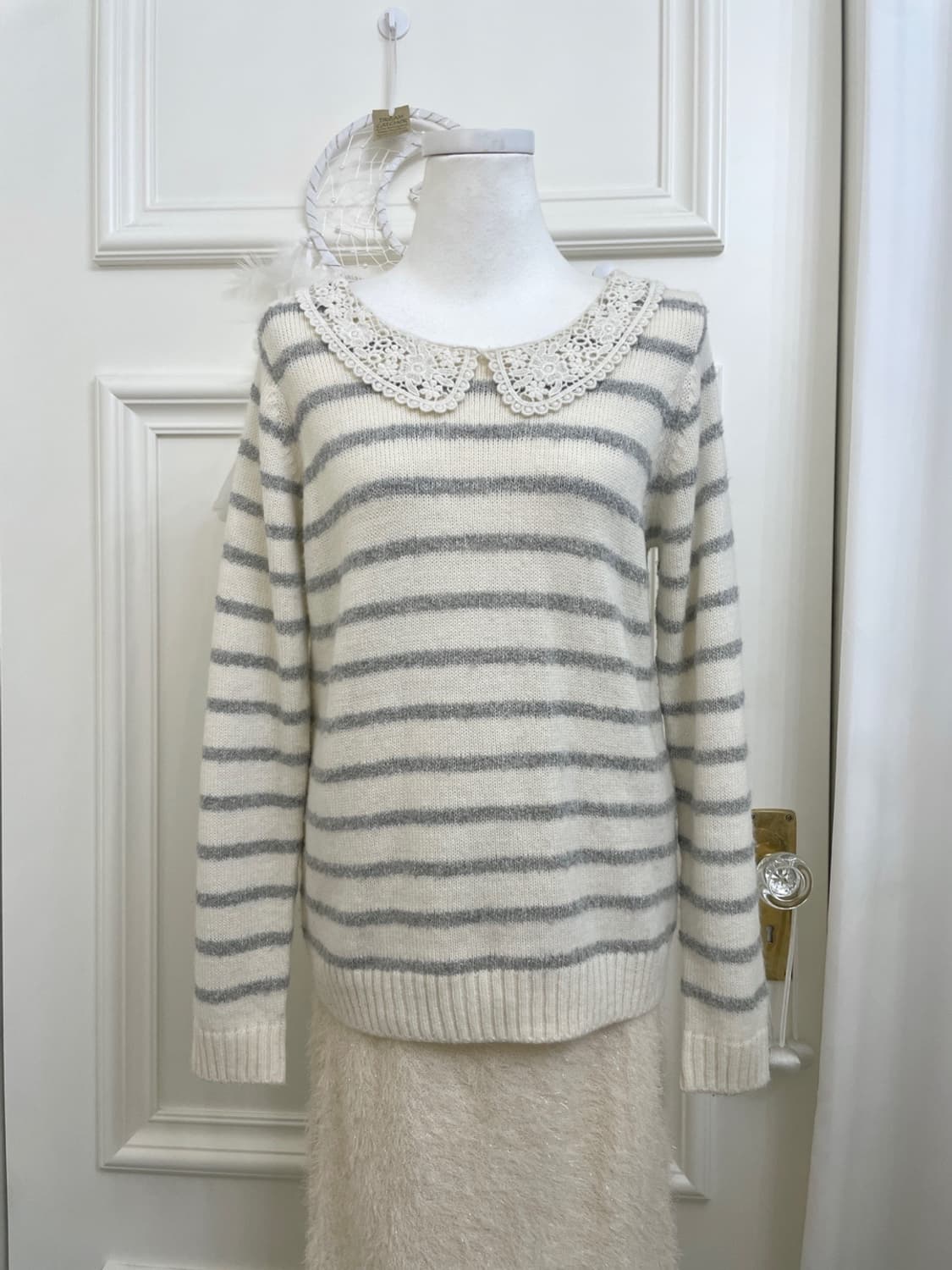 EAST BOY ivory gray stripe lace collar w 상품이미지1