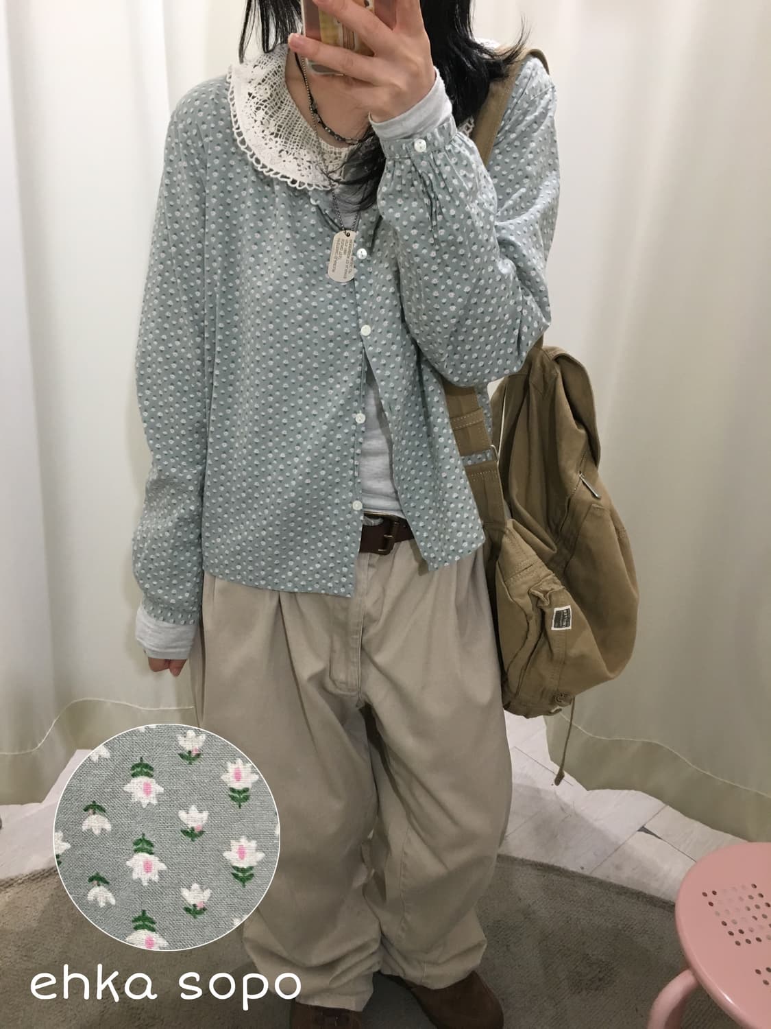 둥카라 슬리브 + 잔꽃 블라우스 모리 상의 세트 상품이미지1