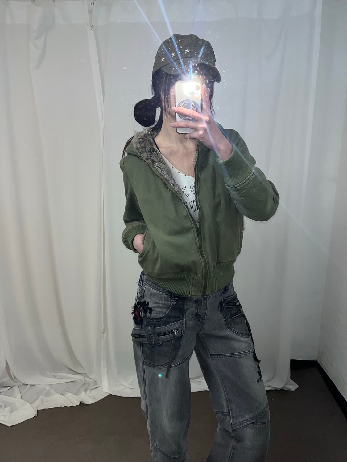 Y2K 카키 퍼 후드집업 상품이미지5