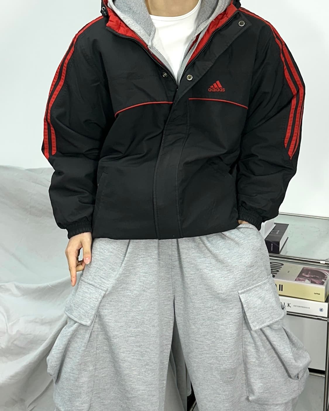 아디다스 블랙 레드 리버시블 빅로고 후디 점퍼 95 상품이미지3