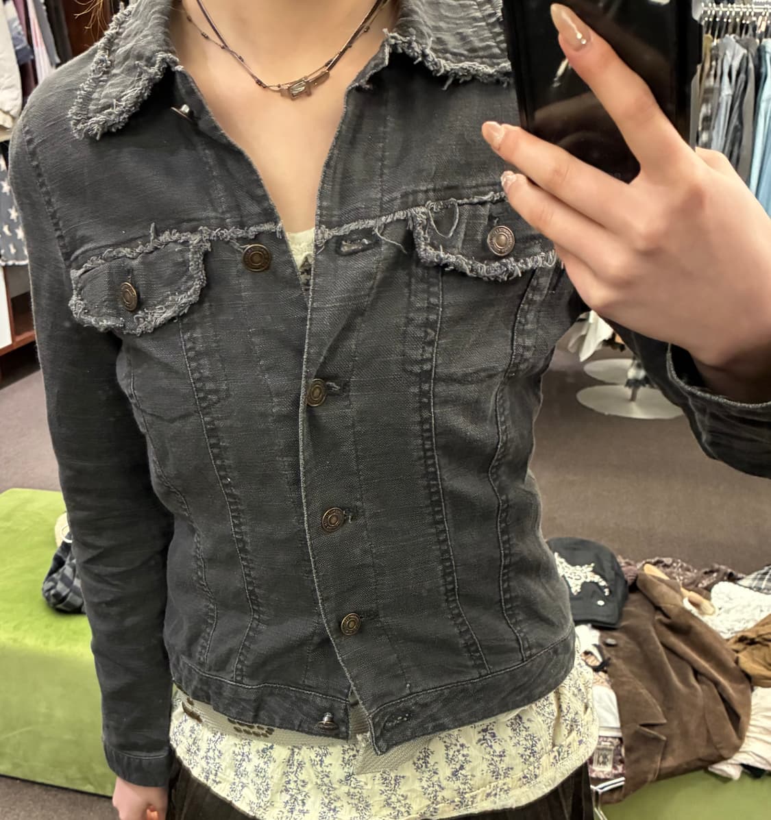 M)Japanese vintage 여성 컷오프 디테일 흑청 데님자켓 상품이미지2