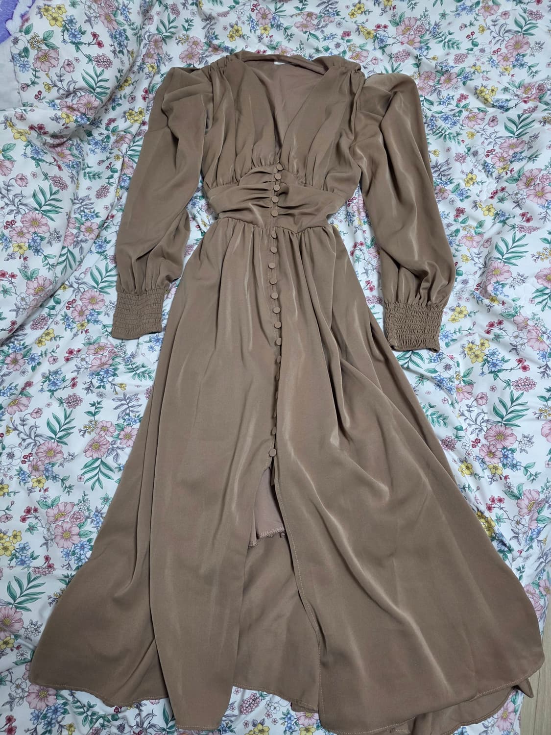 유럽무드 빈티지)브라운 하객룩 로맨틱모리걸 자라깔 스모크퍼프 롱원피스 상품이미지2