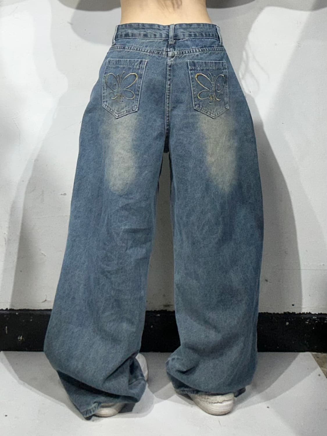 빈티지 y2k 중청 스터드 포인트 워싱 와이드 데님 팬츠 L 상품이미지3