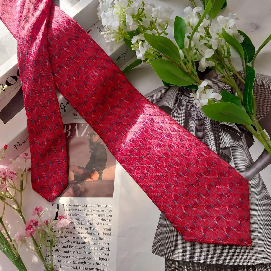 듀퐁 실크 레드 기하 패턴 넥타이 8.6cm A+등급 K1974 상품이미지3