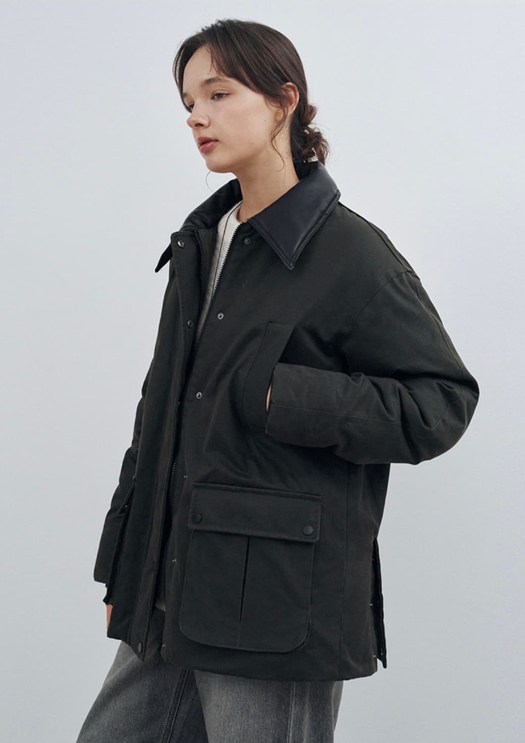 몽돌 덕 다운 왁스 코팅 워크 패딩 자켓 (카키) 상품이미지2