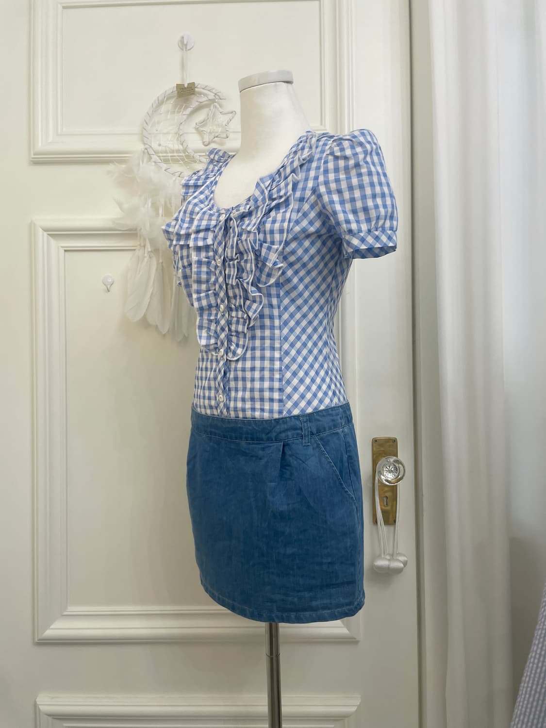 sky blue ginham check ruffle top denim s 상품이미지2