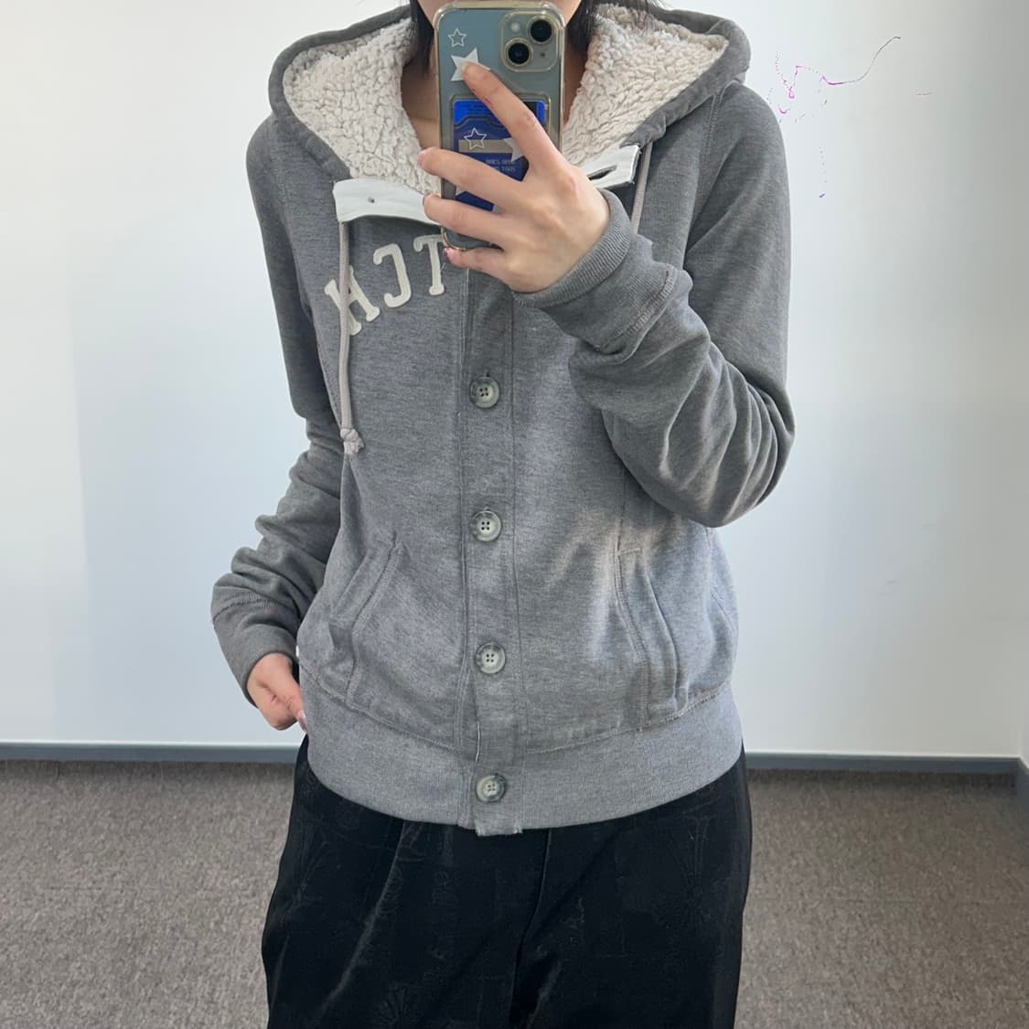 Abercrombie 아베크롬비 스펠아웃 퍼안감 그레이 버튼업 후드집업 상품이미지2