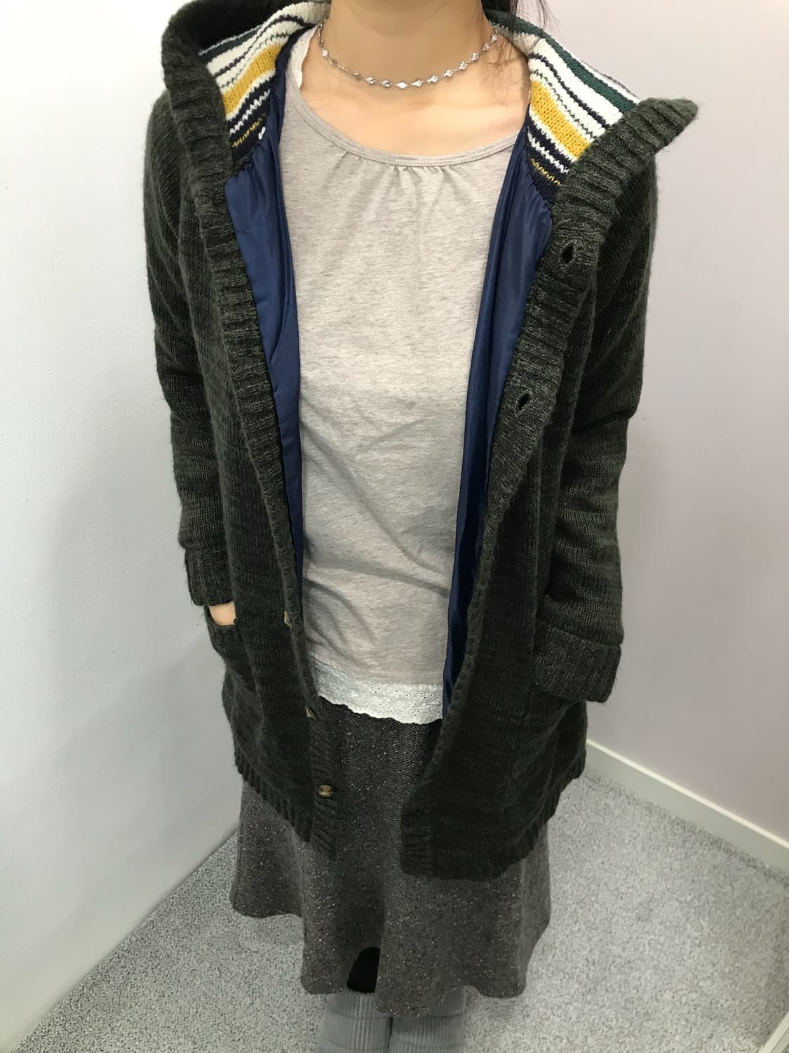 포인트 니트 후드 롱 가디건 상품이미지2