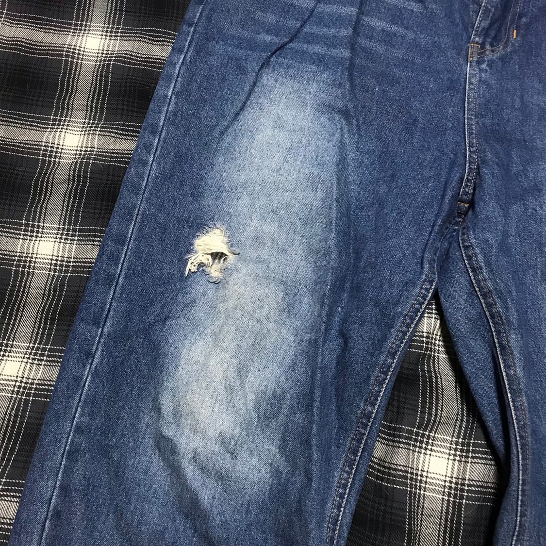 90s 재팬 슈퍼 와이드 더블니 워싱 디스트레드 중청 셀비지 데님 상품이미지2