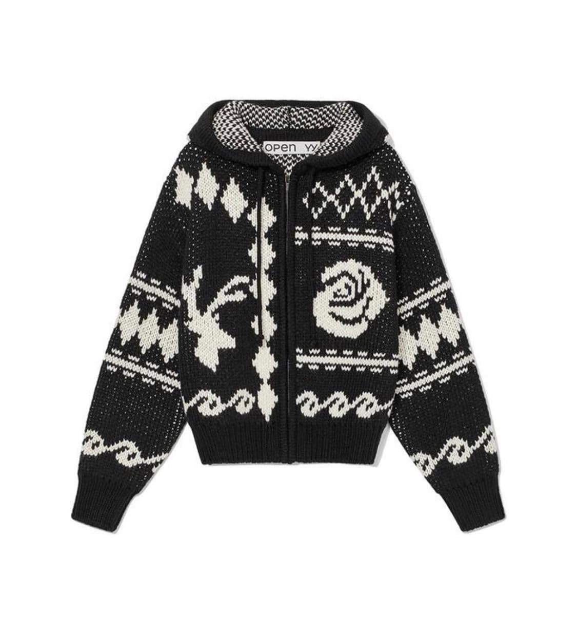 오픈와이와이 로즈디어 자카드 니트집업 블랙 상품이미지3