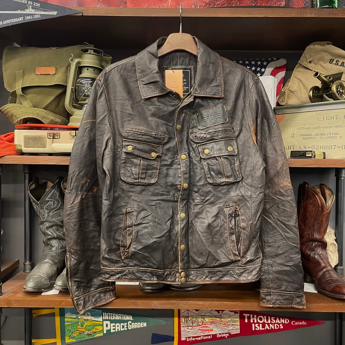 90s 알파 인더스트리 스페이스 포스 스컬 자수 라이더 리얼 레더 자켓 상품이미지1