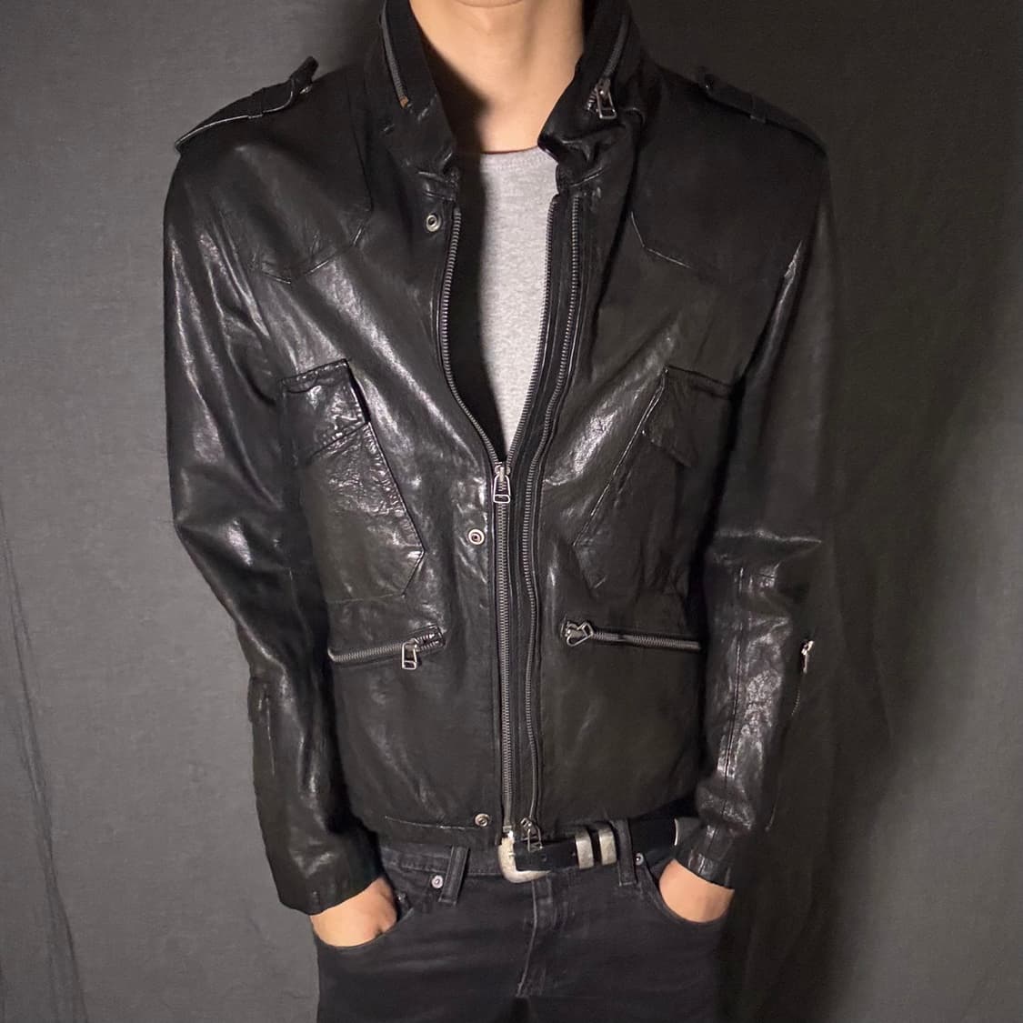 double zip-up lamb skin leather jacket 상품이미지3