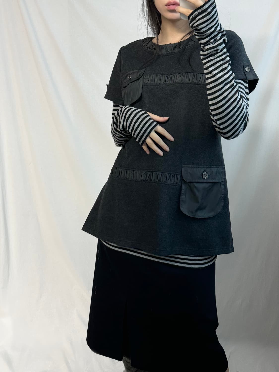 사이드 지퍼 핸드워머 셔링 탑 울 스커트 3pcs SET 상품이미지3