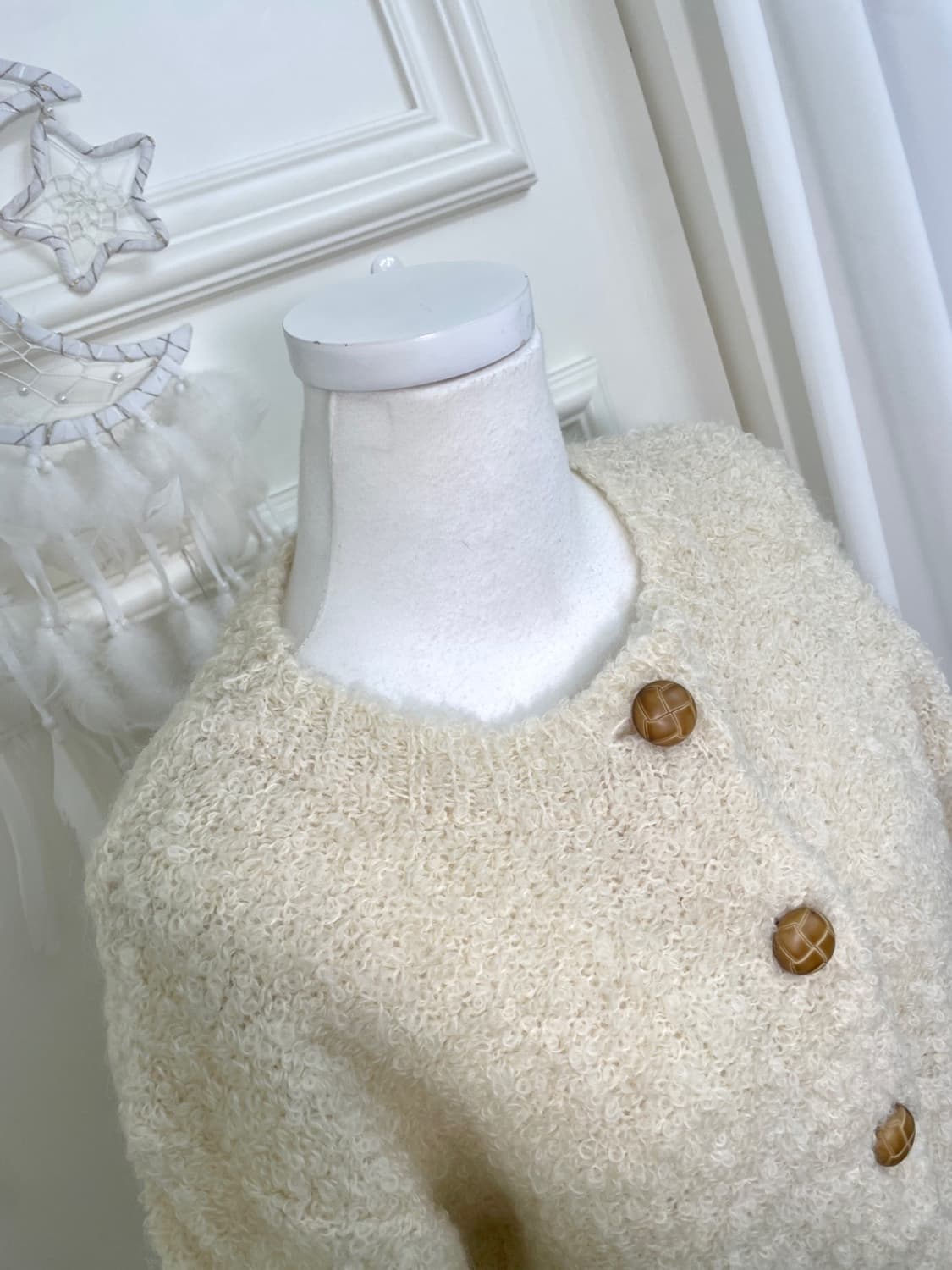 butter cream brown button boucle wool ca 상품이미지8