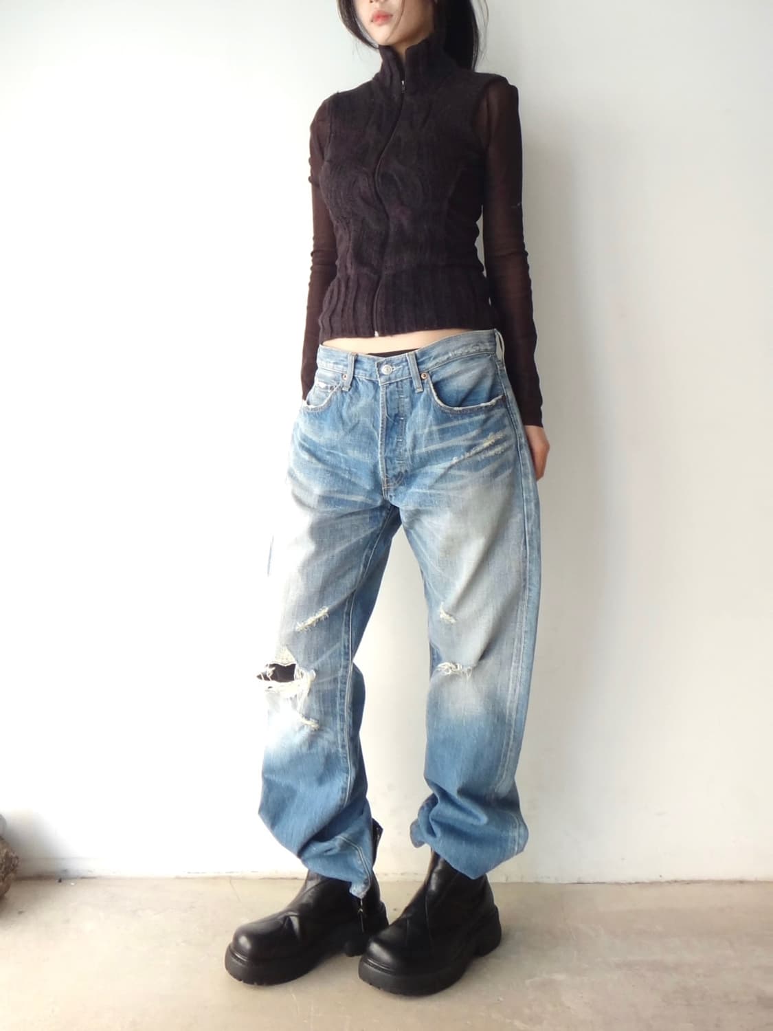 Kid hair sheer zip-up / brown 상품이미지4