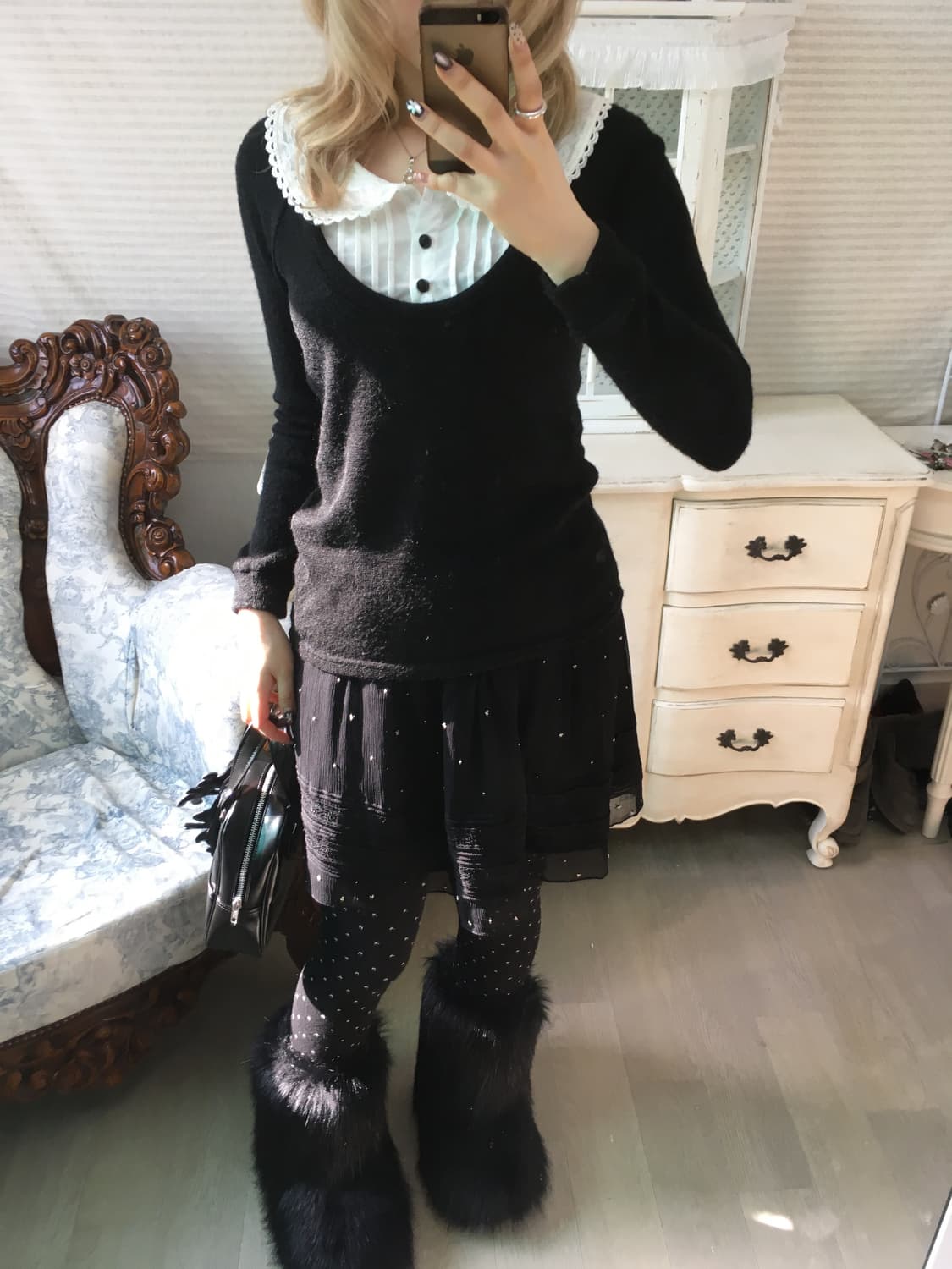 jpn vintage black wrinkle beads lace sk 상품이미지5