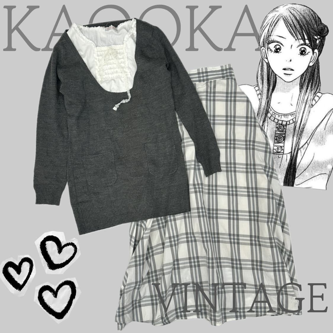 🩶사와코의 외출복 코디세트🩶체크 레이스 니트 히메갸루 그런지 러블리 상품이미지1