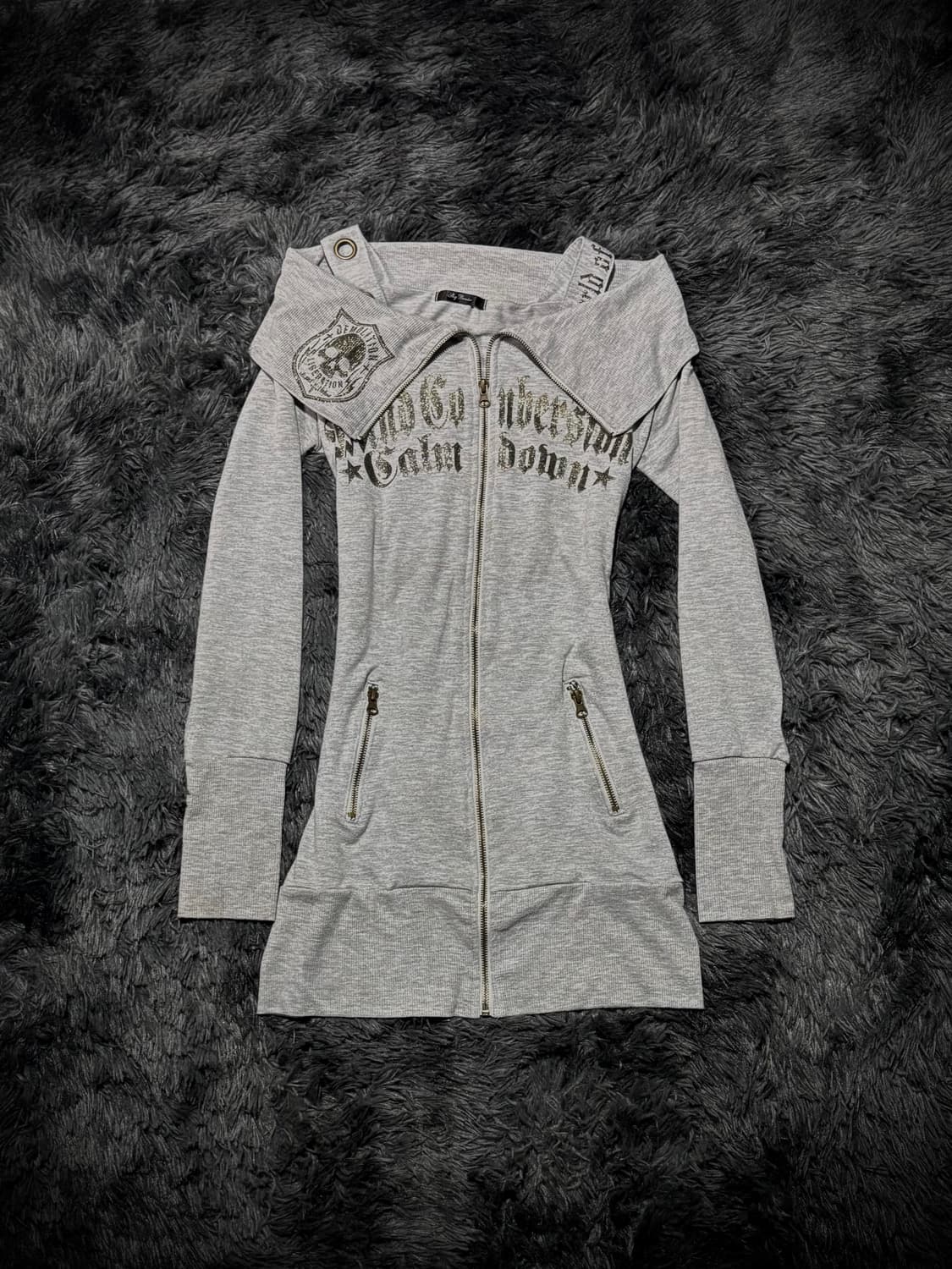 Sky Bomber 그레이 스컬 그래픽 오프숄더 집업 원피스 상품이미지2