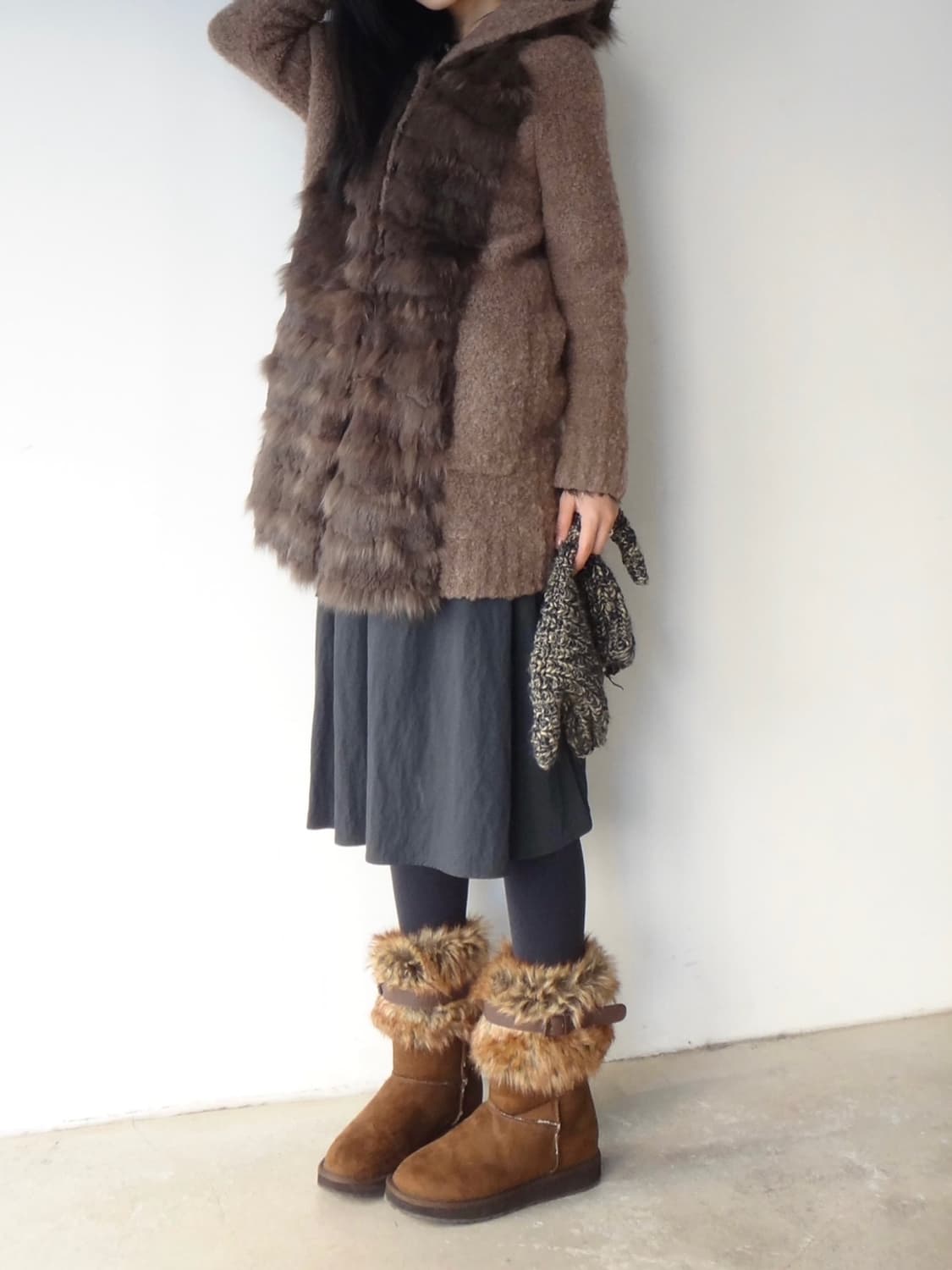 Front fur mix hoody cardigan / brown 상품이미지5