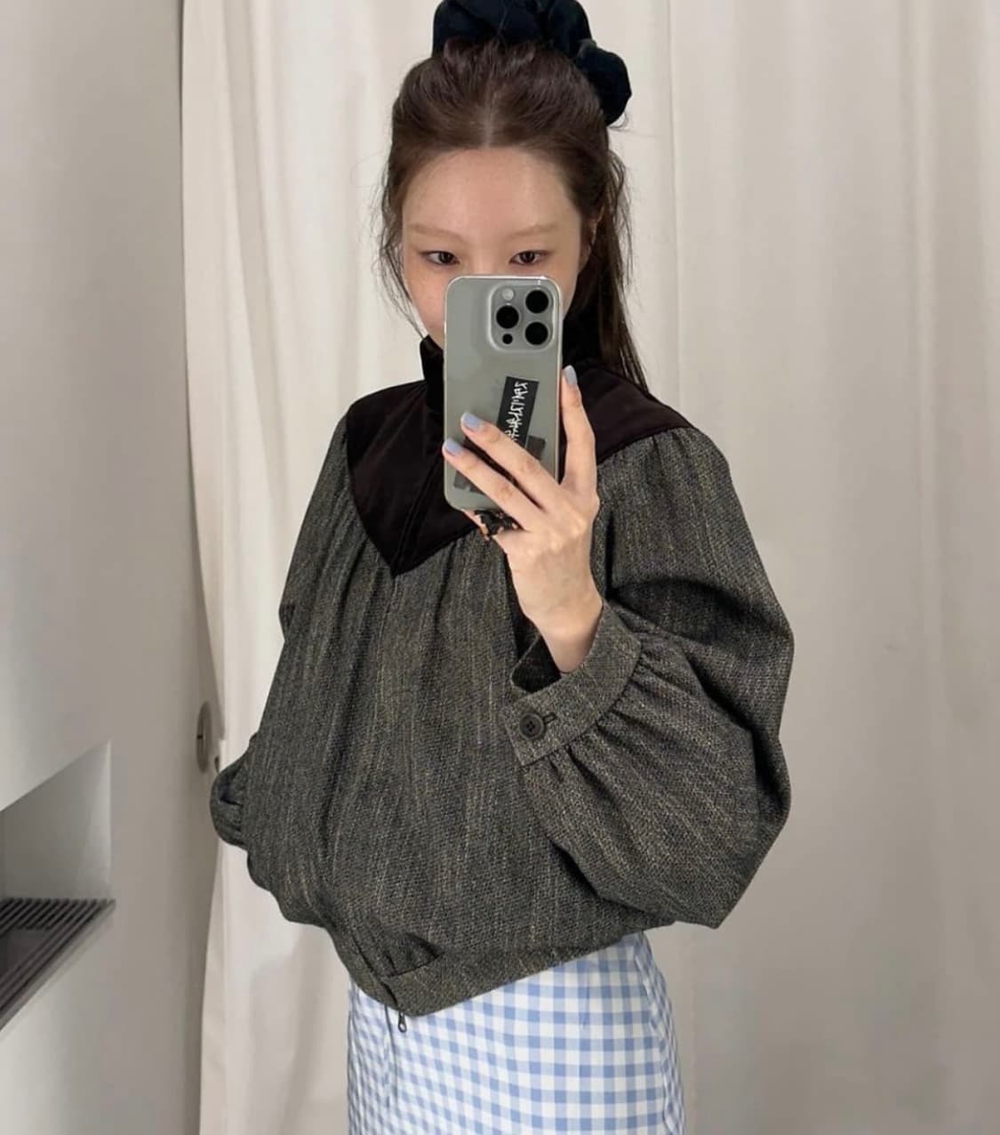 새제품.0) 아모멘토 울 트위드 요크 점퍼 벨벳울 블루종 자켓 브라운/차 상품이미지1