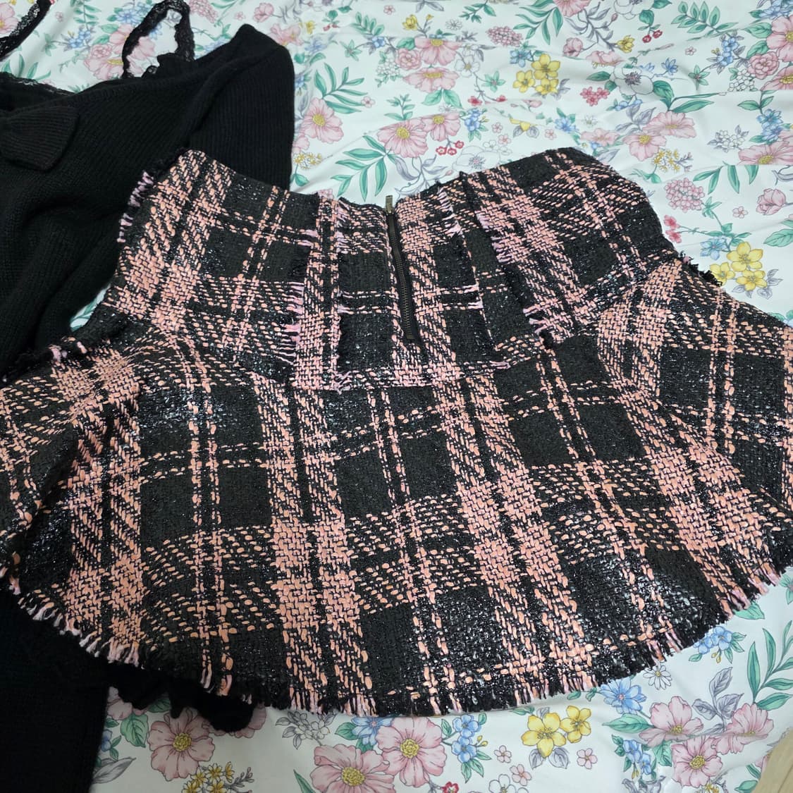빈티지) 블랙x핑크 양지뢰계 캐캐체깔 로맨틱 트위드갸루 캉캉 체크 스커트 상품이미지6