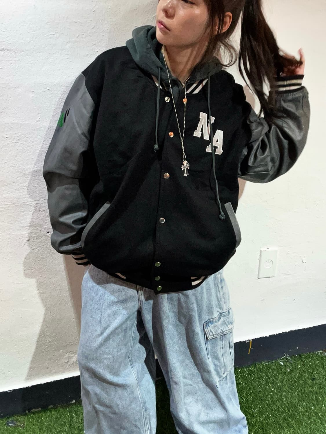 90s 올드스쿨 블랙 리얼레더 바시티 jk 상품이미지3