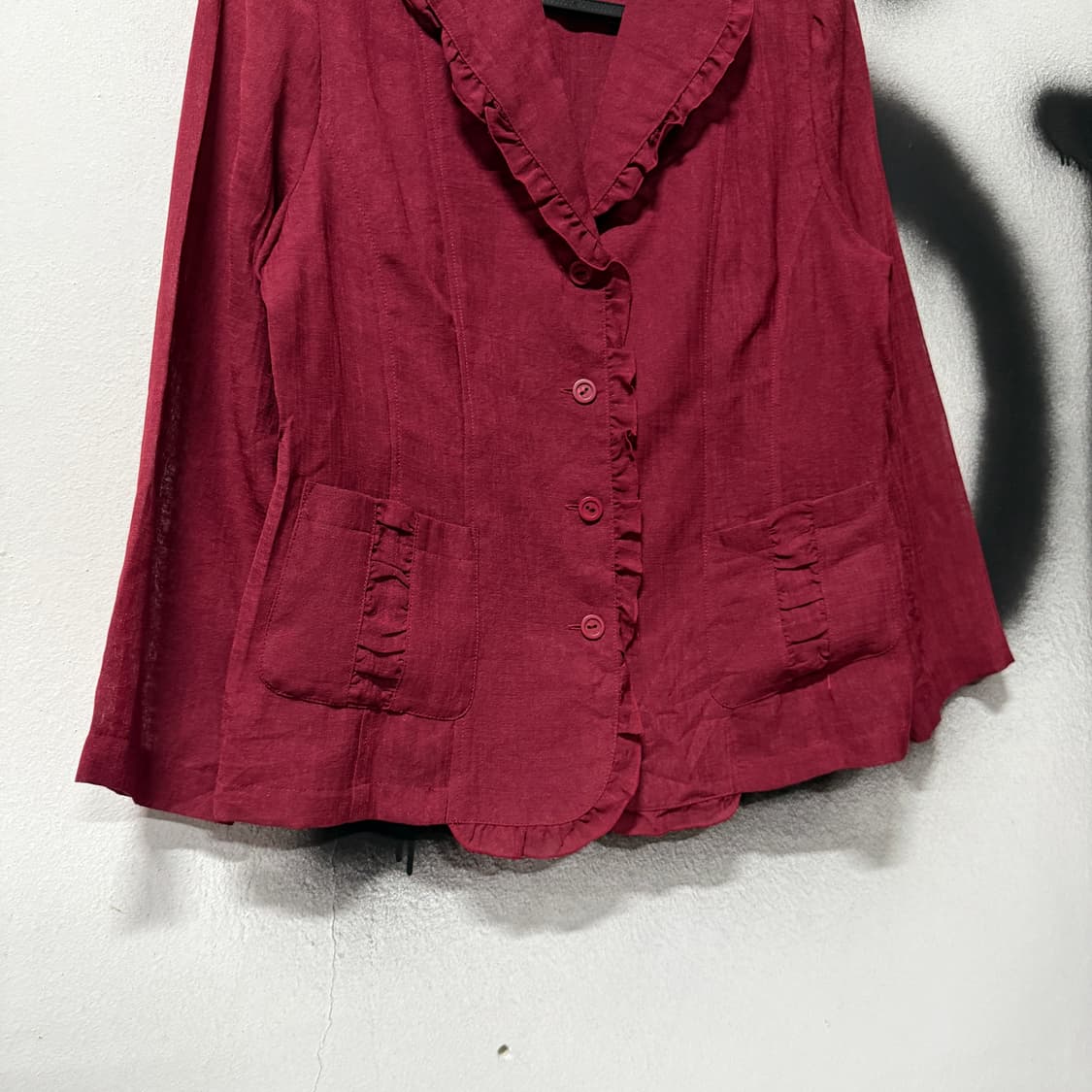 VTG 빈티지 린넨 프릴 딥레드 셔츠 자켓 상품이미지4