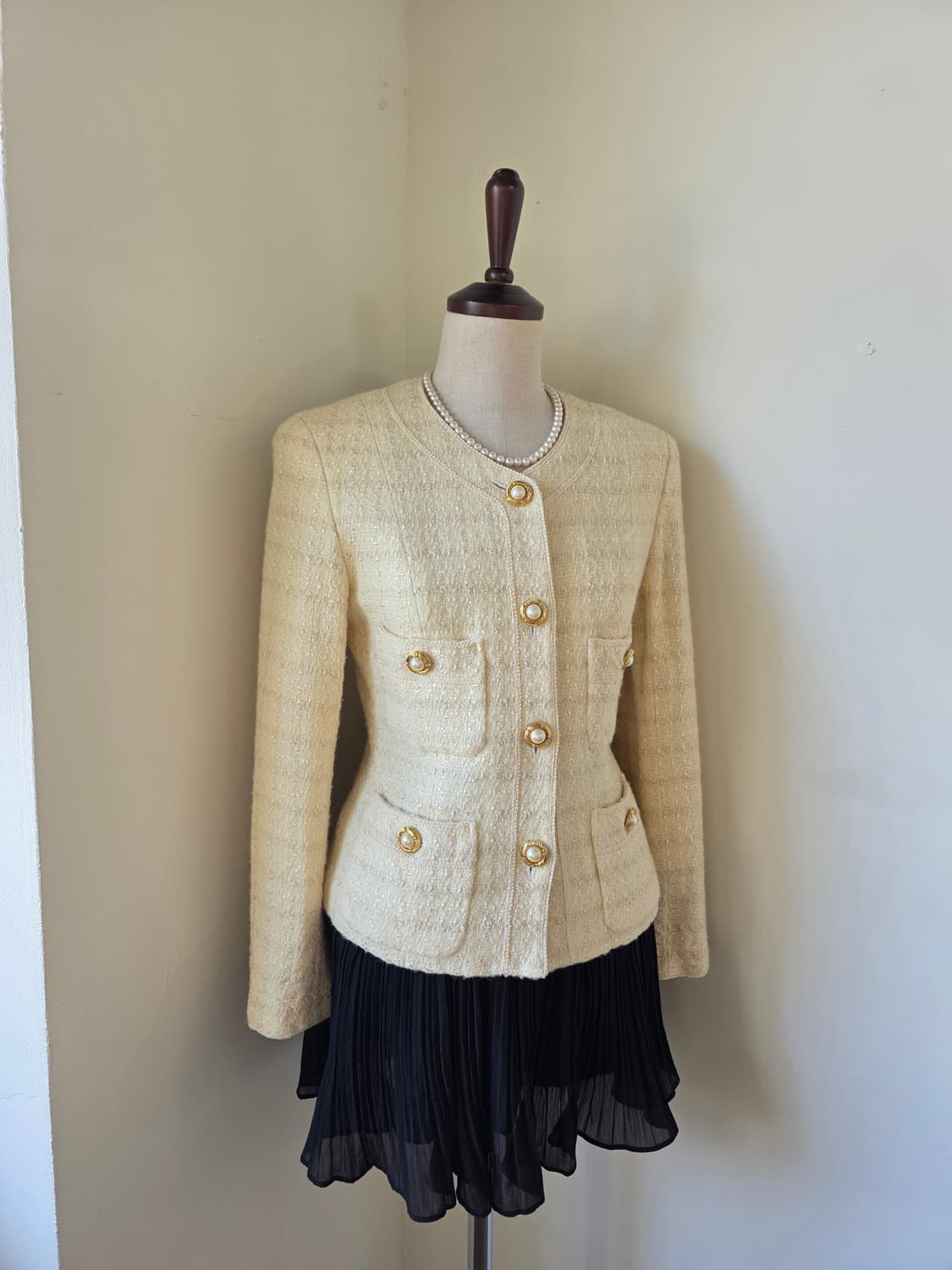 아이보리 레이스 테이핑 진주버튼 트위드 자켓 상품이미지3