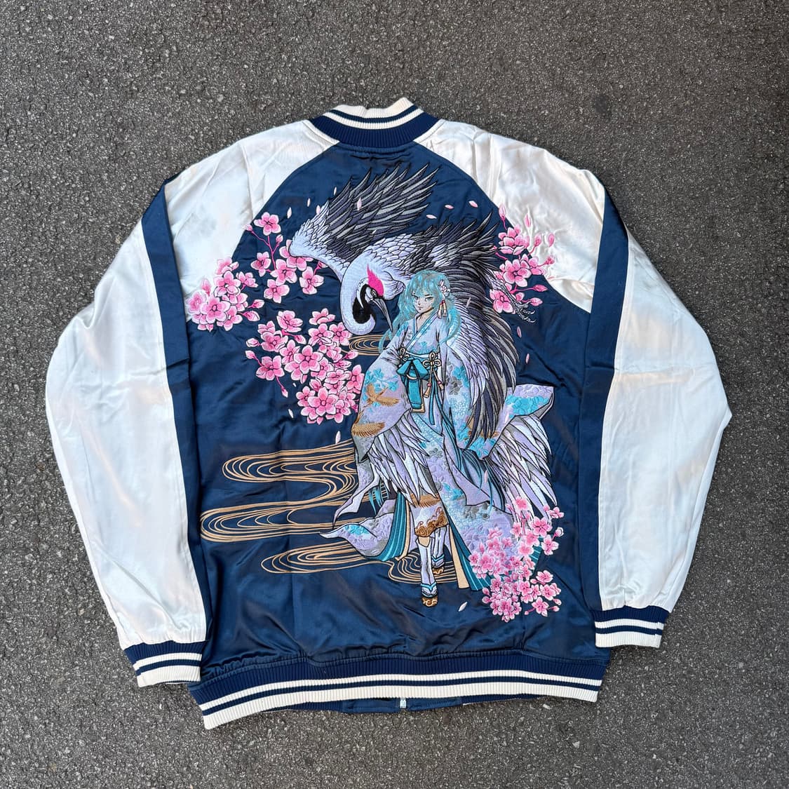 자수 학 벚꽃 스카잔 블루 상품이미지1