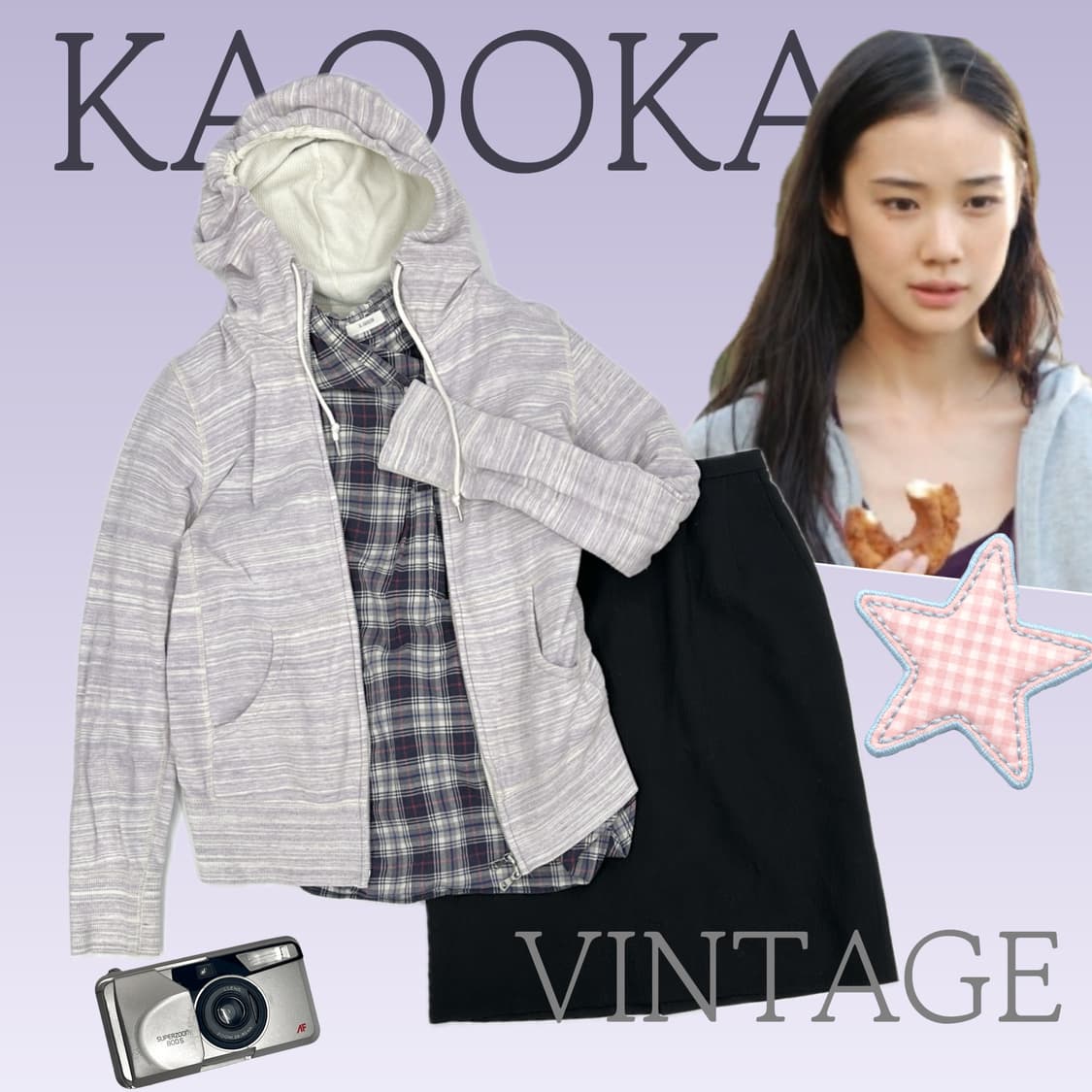 🥠스즈코의 퍼플 후드코디세트🥠 오가닉 체크셔츠 미디스커트 코디세트 상품이미지1