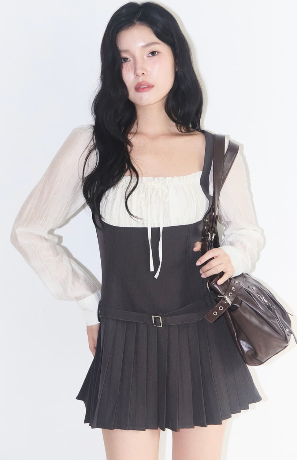 일리고 프레피 리본 플리츠 원피스 차콜 s 상품이미지2