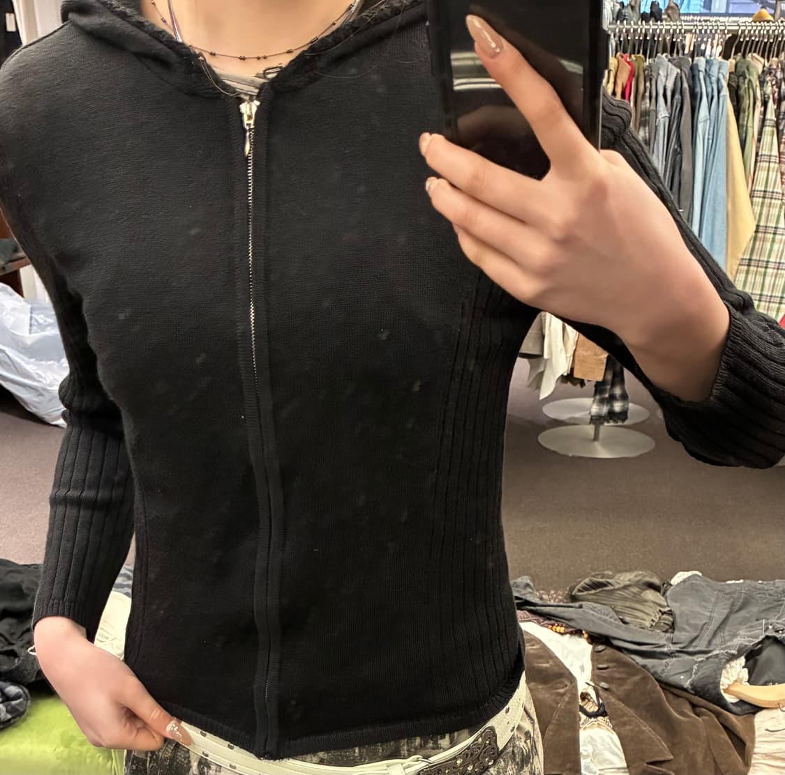 M)Japanese vintage 블랙 니트 후드 집업 상품이미지2