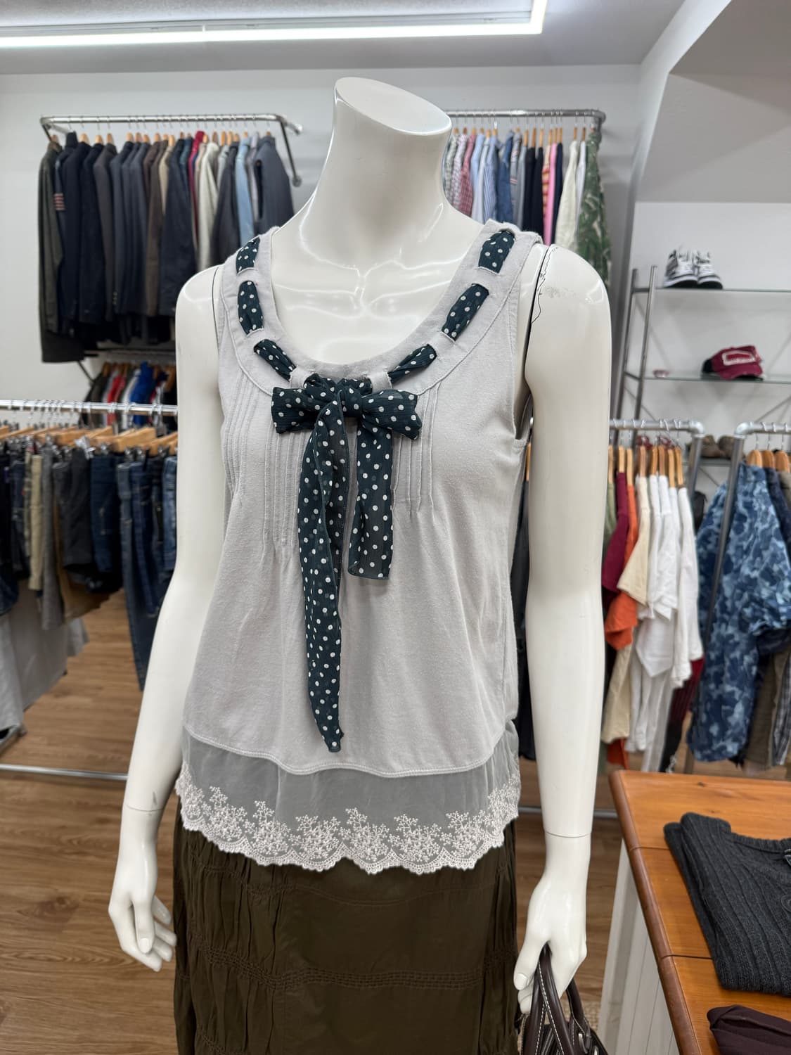 빈티지 Olive des Olive 그레이 도트 리본 슬리브리스 상품이미지5