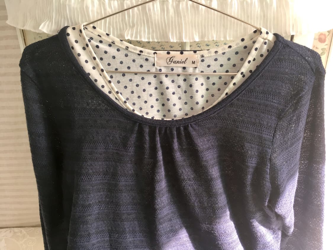 일본빈티지 네이비 셔링 7부 도트 레이어드 탑 상품이미지6