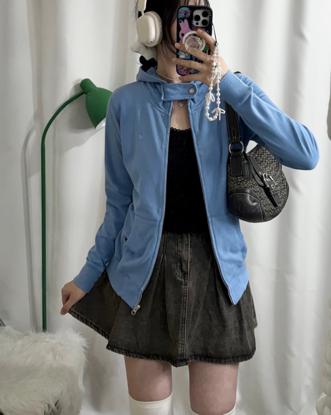 하늘색 넥 버튼 후드 집업 상품이미지2