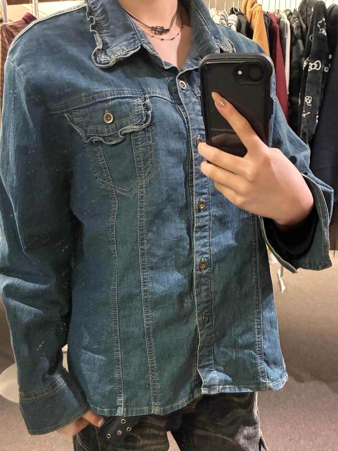 3L)Japanese vintage 여성 프릴 디테일 데님 셔츠 상품이미지2