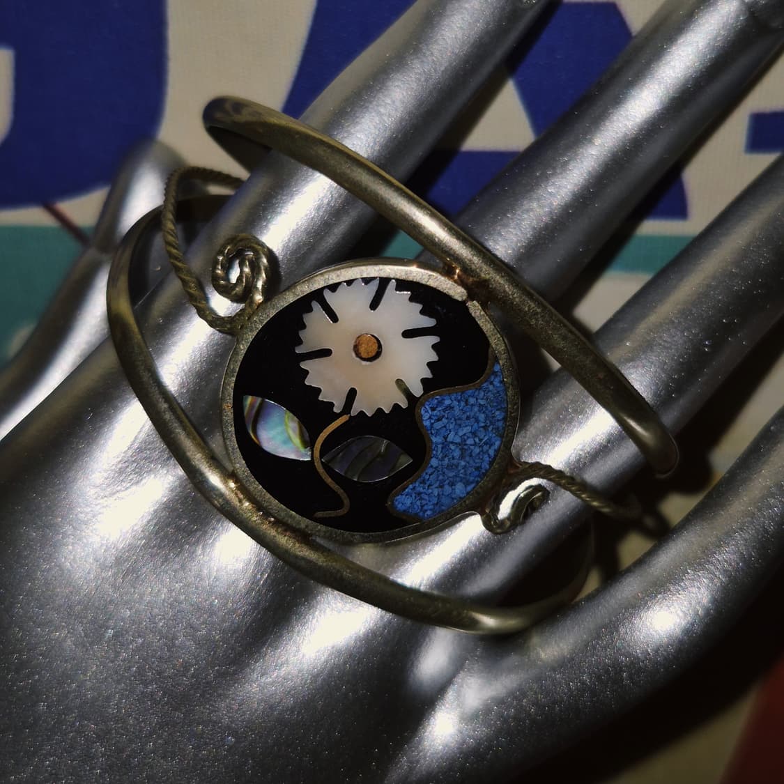 80s 멕시코 알파카 터키석 자개 플라워 뱅글 상품이미지6