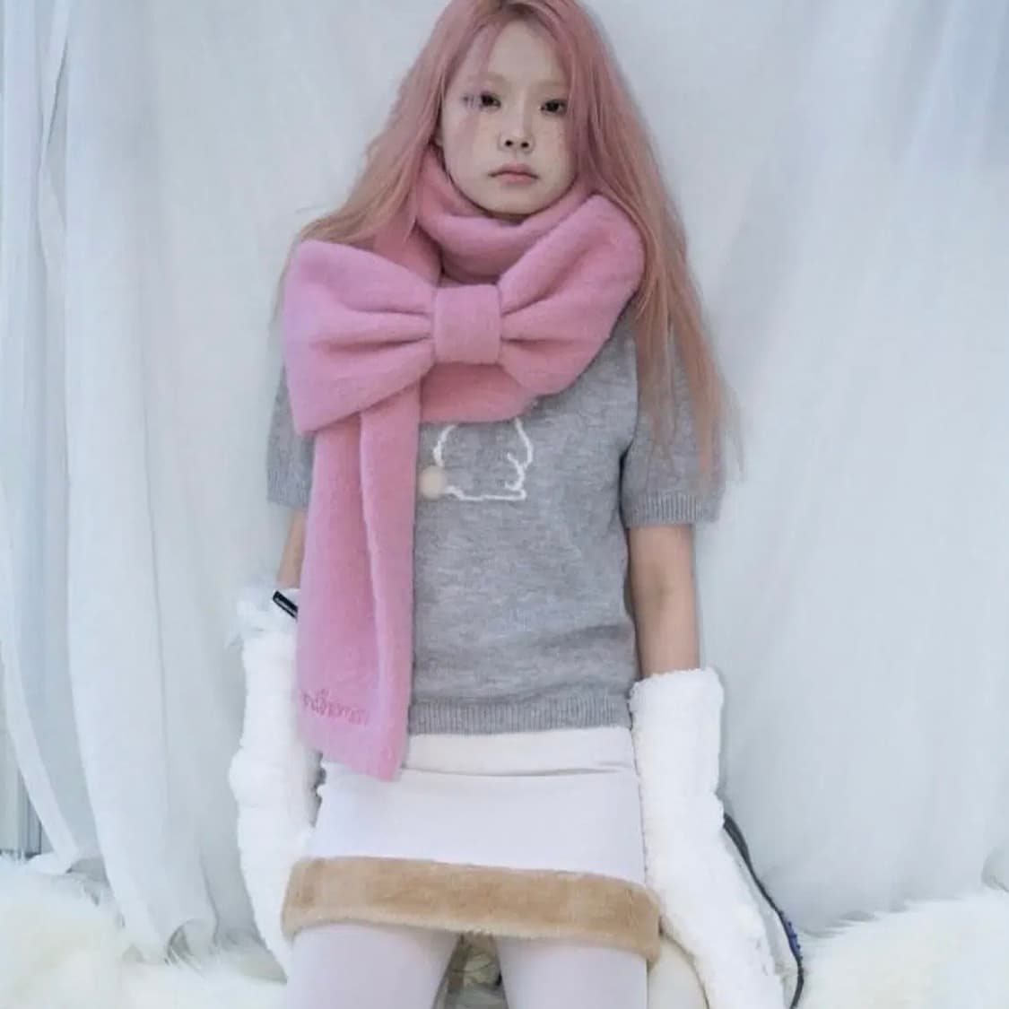 핀쿠노마루 리본 머플러 인디안핑크 상품이미지1