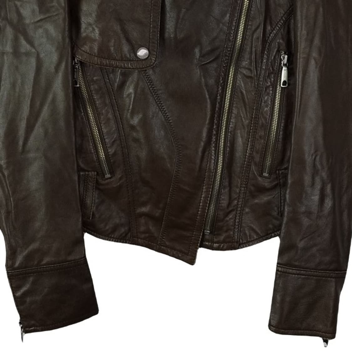 [미샤] 리얼 램스킨 양가죽 더블 사선 레더 자켓 브라운 M19178 상품이미지5