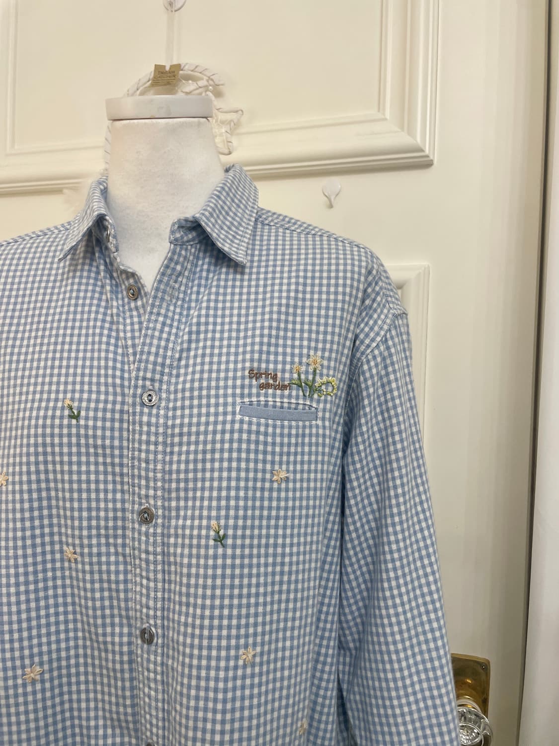 blue gingham check flower embroidery shi 상품이미지6
