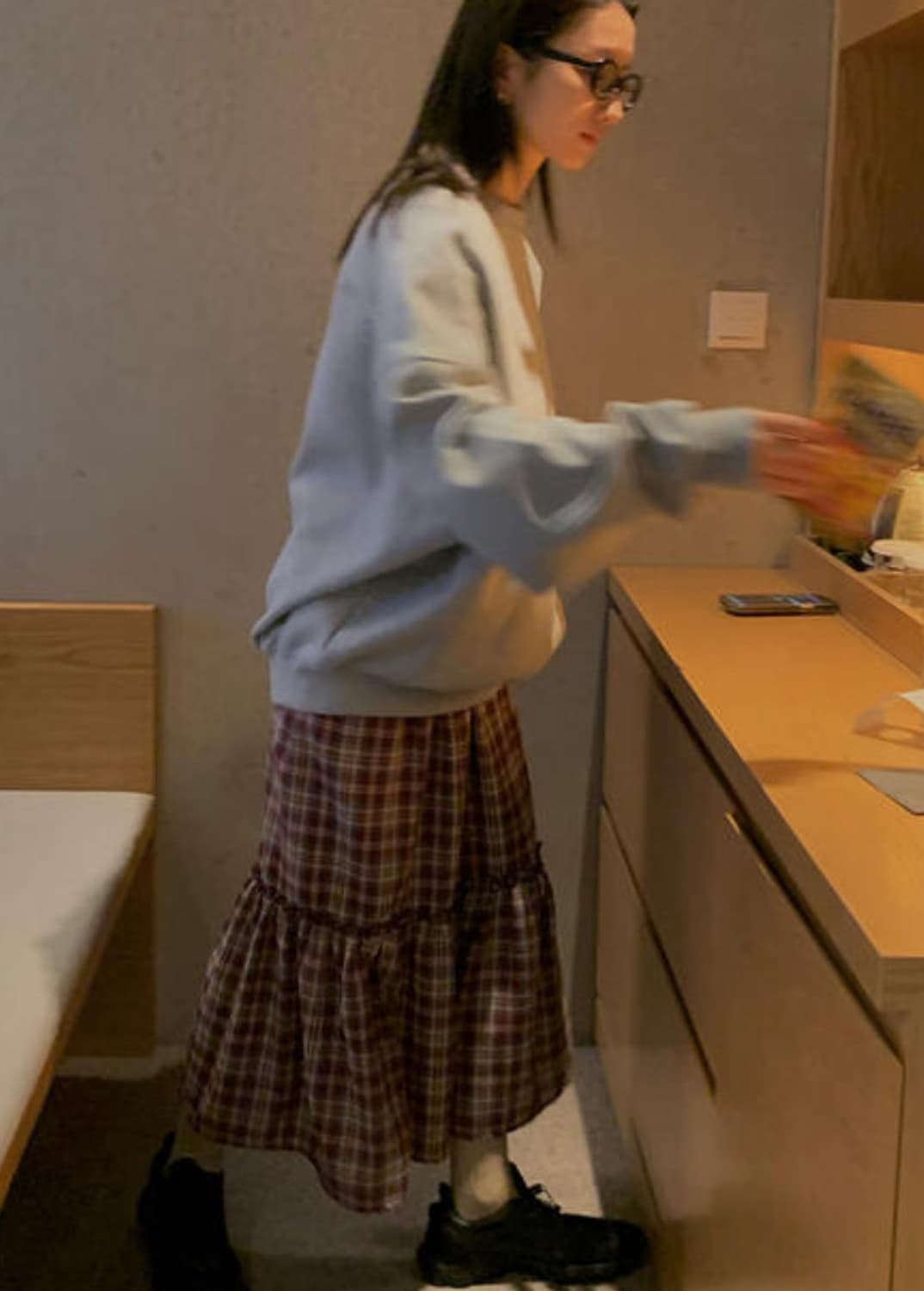 블렘토 체크 프릴 롱 스커트 버건디 상품이미지4