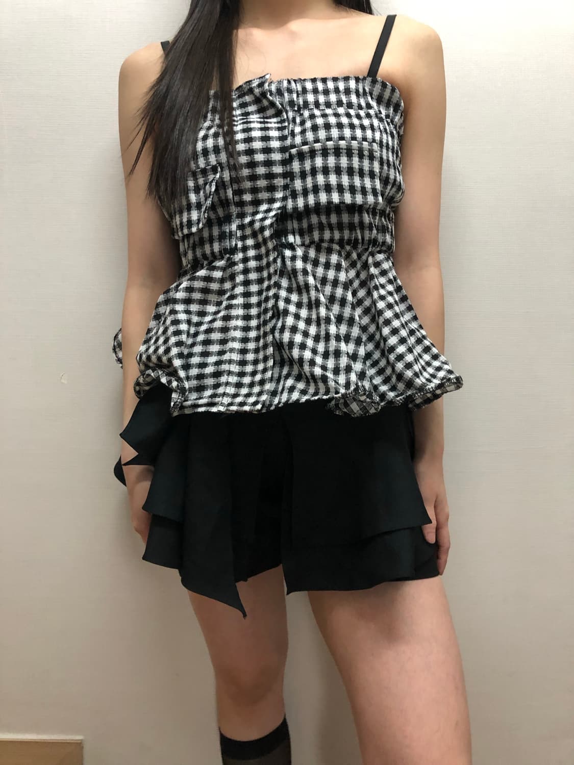 빈티지 블랙 체크 프릴 탑 상품이미지2