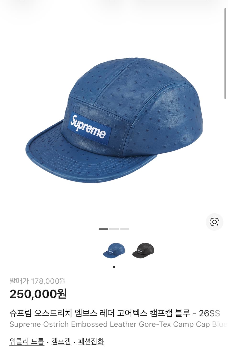 슈프림 오스트리치 엠보스 레더 고어텍스 캠프캡 블루 26ss 상품이미지1